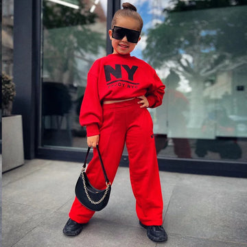Baby Girls NY Fashion Style Long Sleeve Sweatshirt and Flared Pants Combo. (Ages 18M~8Yrs.)